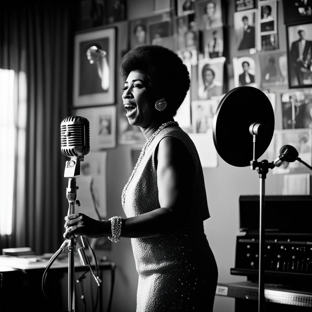 Natural woman recording a song with a beautiful vintage micr...