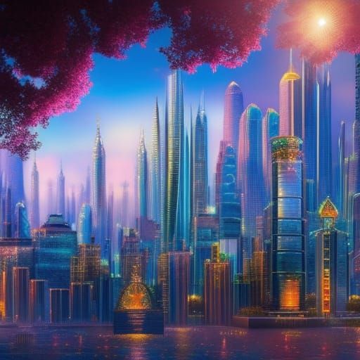 An artwork that depicts a city skyline made up of jellyfish ...