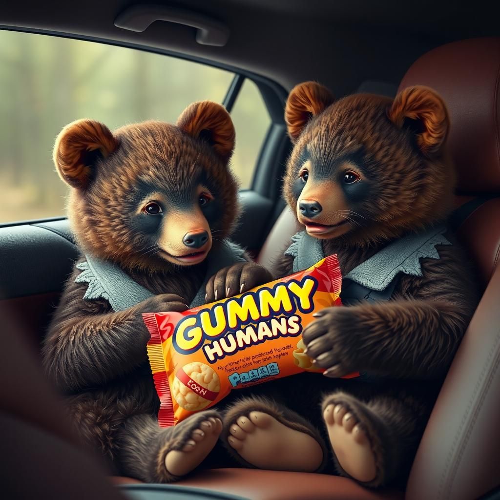Photorealistic two anthropomorphic bear cubs sharing a packet of "GUMMY HUMANS" on the backseat of a ...  by @Donato Tortelli