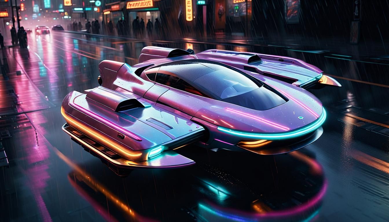 "detailed, Futuristic hover cars, dark iridescent satin pain...