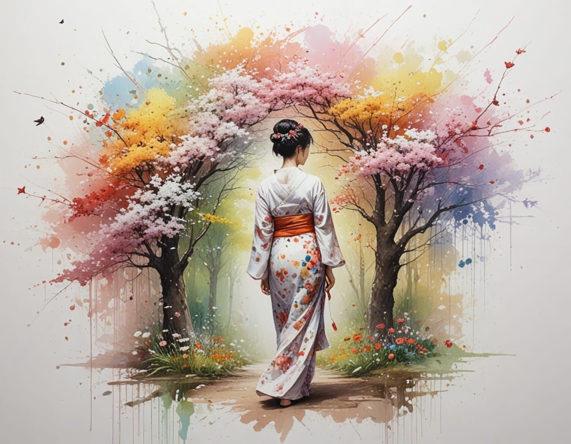 Traditional geisha under blossom tree at sunset  in a modern, abstract style. The subject should be filled with traditional Japanese cultura...