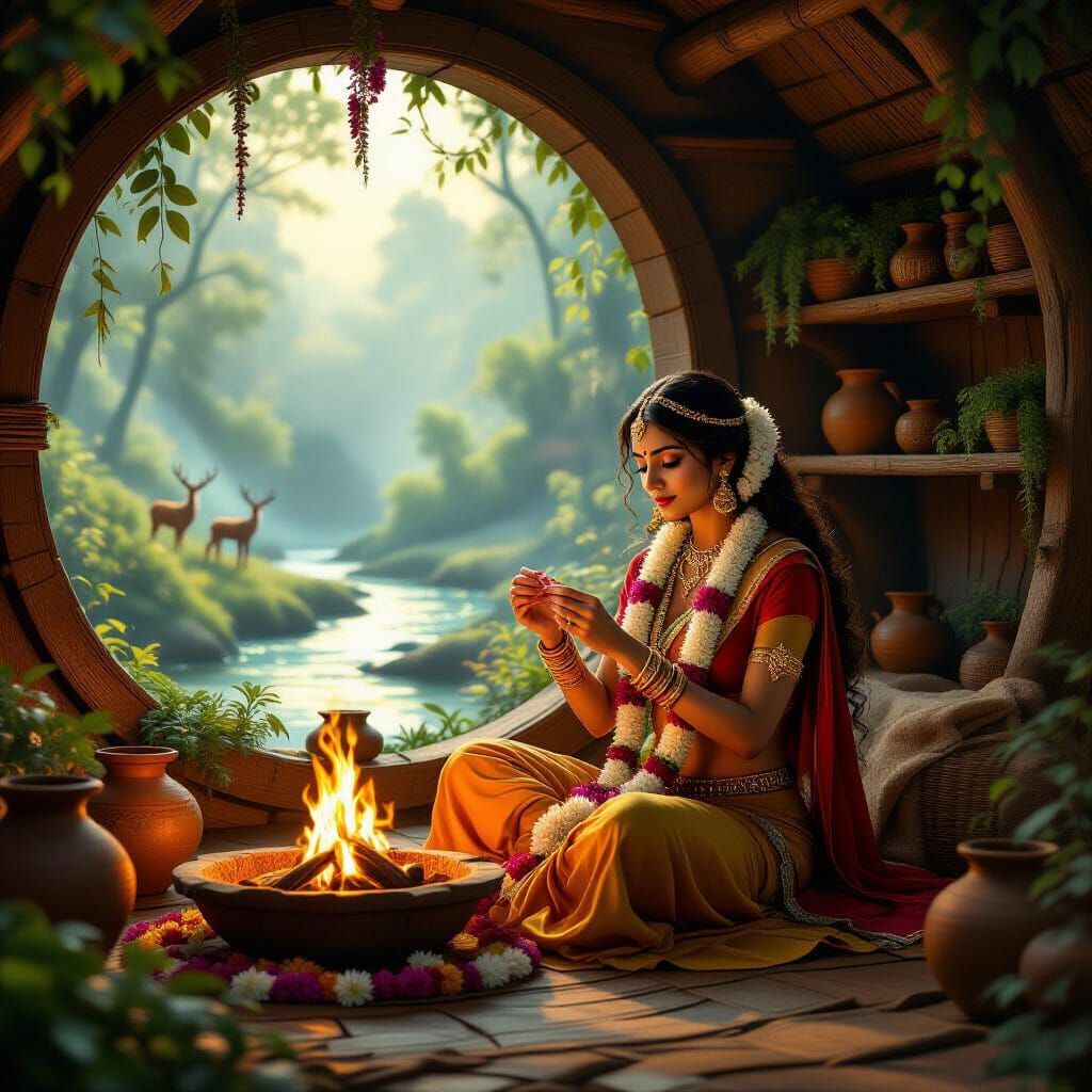 "Sita in her cozy forest abode, wearing a fantasy Indian medieval outfit that reveals her navel, sitting ...  by @Ambassador of Light