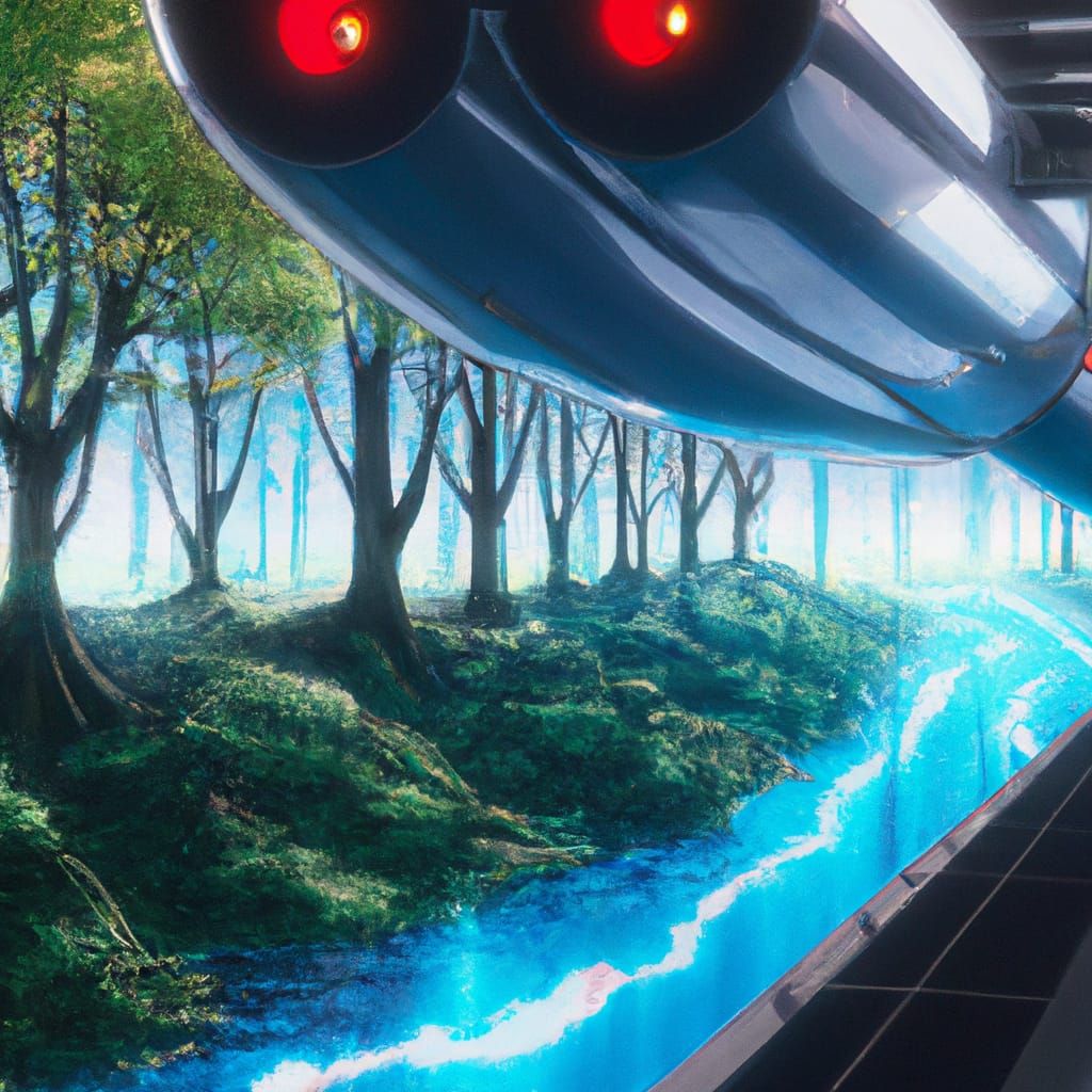 spaceship exterior overtaken by a forest and a stream by Stu...