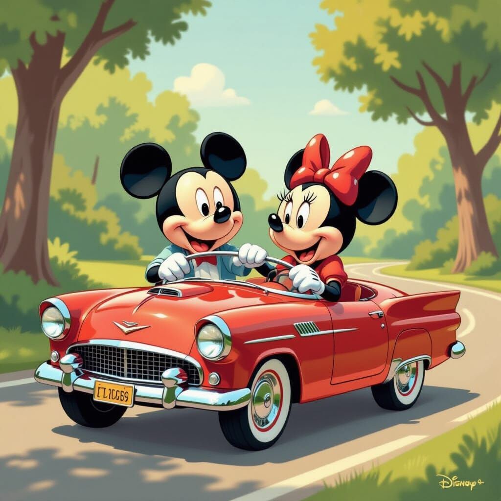 Mickey and Minnie Drive in Classic Disney Style