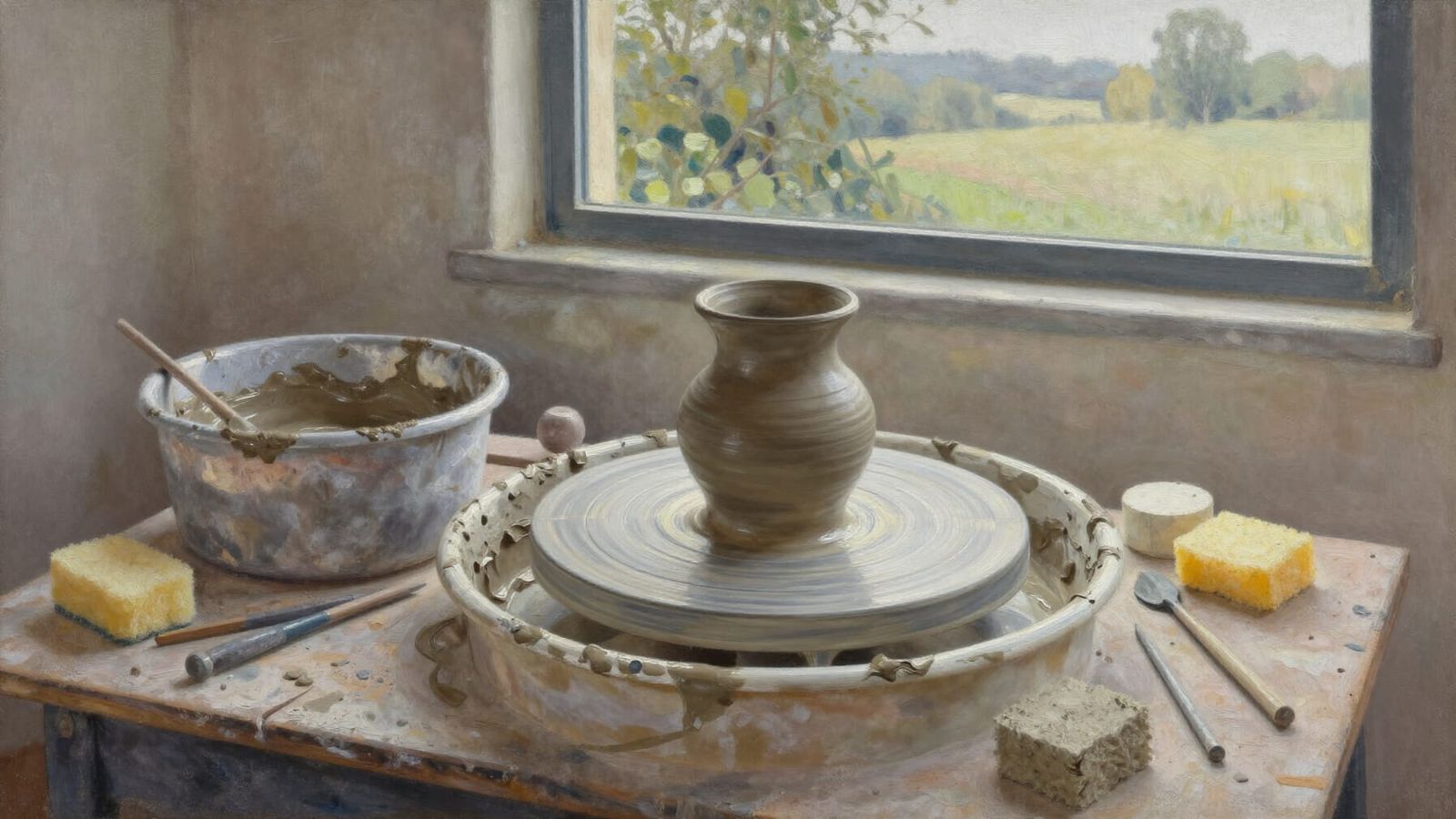 A potter's wheel with a still-wet clay vessel  by @Harmanna