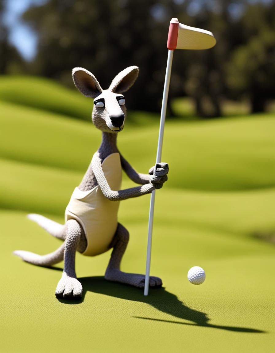 Golfing Kangaroo, stopmotion, claymation, AI Generated Artwork