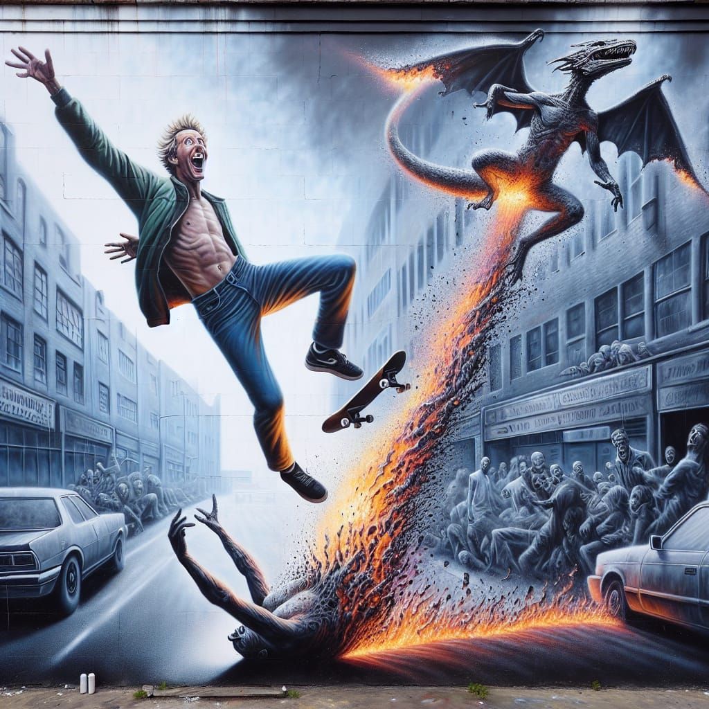 Skateboarder's Fiery Transformation in Urban Landscape