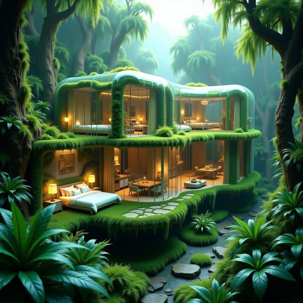 <lora:Transparent:1.0>A transparent house of two floors, showing all the parts inside, bedrooms, sala, living room, bathrooms, every detail...