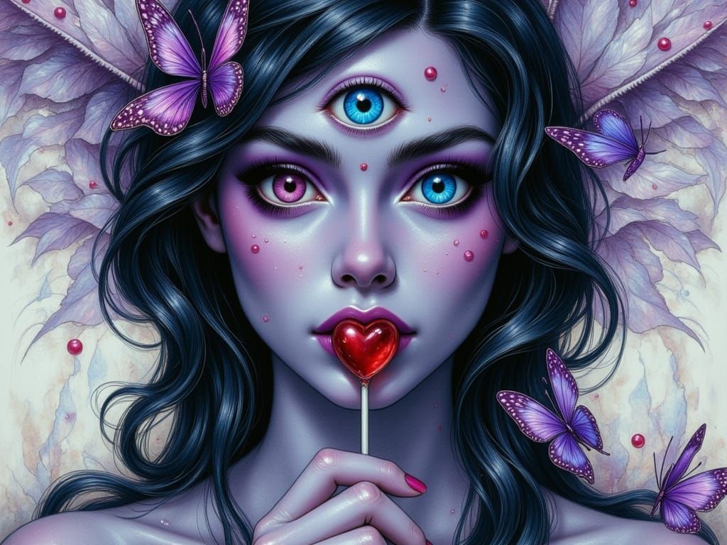 Surreal fantasy pin-up of a candycore "TRICLOPS" femme fatale in a retro bubblegum aesthetic. 
The purple skinned Triclops has "Three eyes" ...