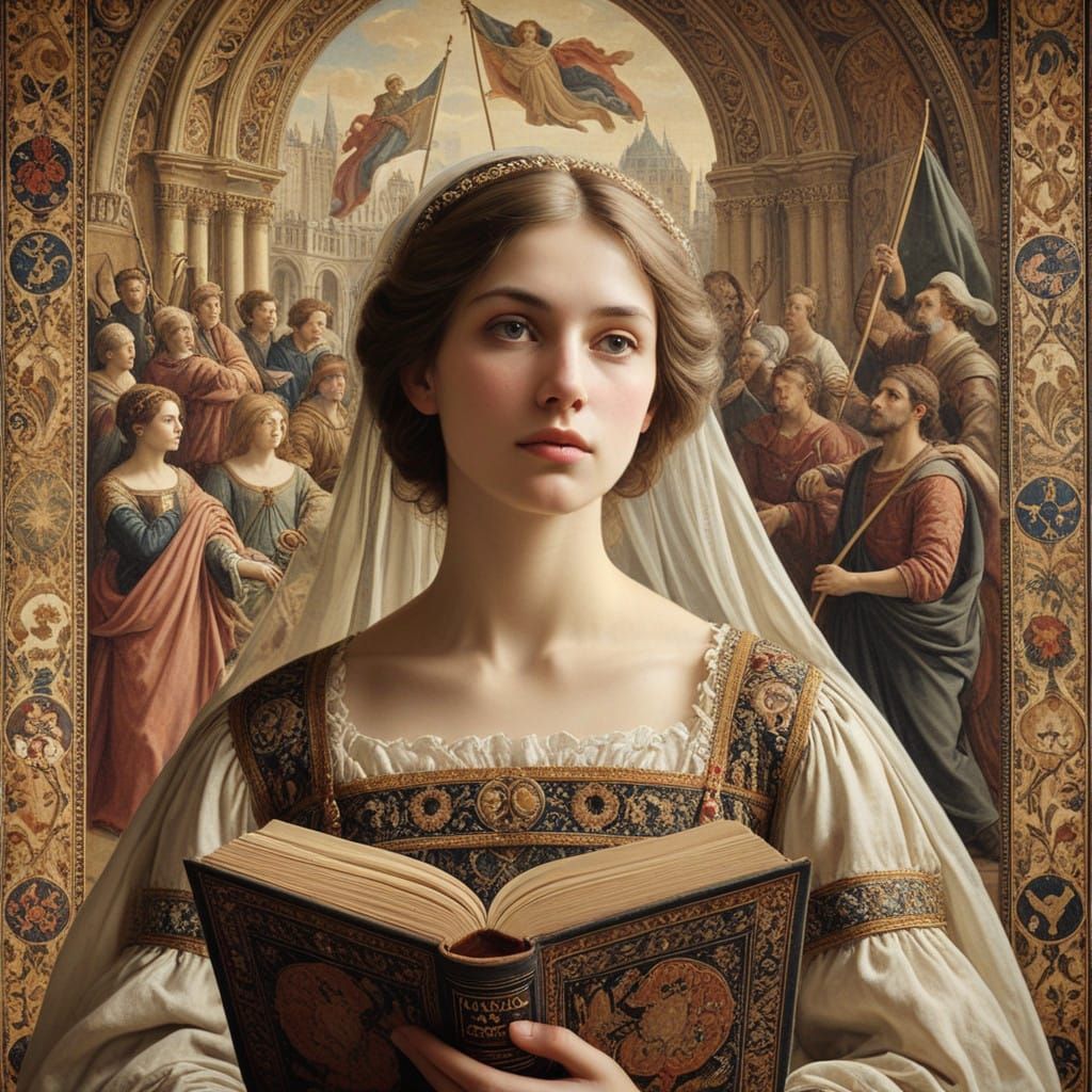 The tapestry in the background behind the woman with her book is based on a fifteenth-century Flemish example depicting the liberation of St...