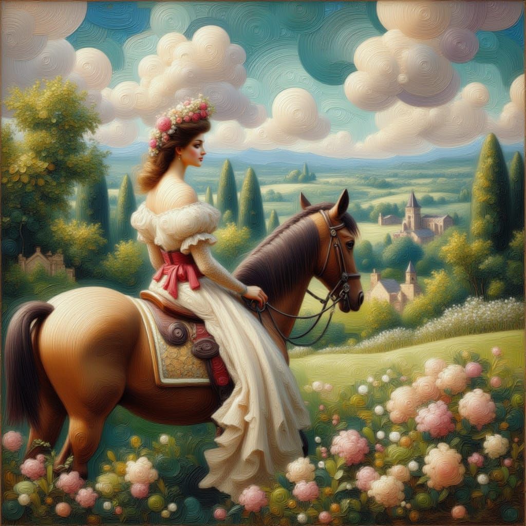 <lora:kak-ImpastoLush:1.0>deep impasto circle strokes portrait of a Victorian maiden on a horse