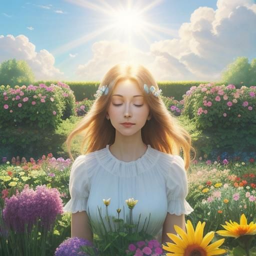 A flower scared girl in a garden full of flowers around her ...