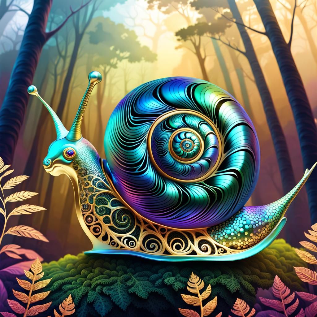 beautiful iridescent and gold filigree fantasy snail   by @whiterose