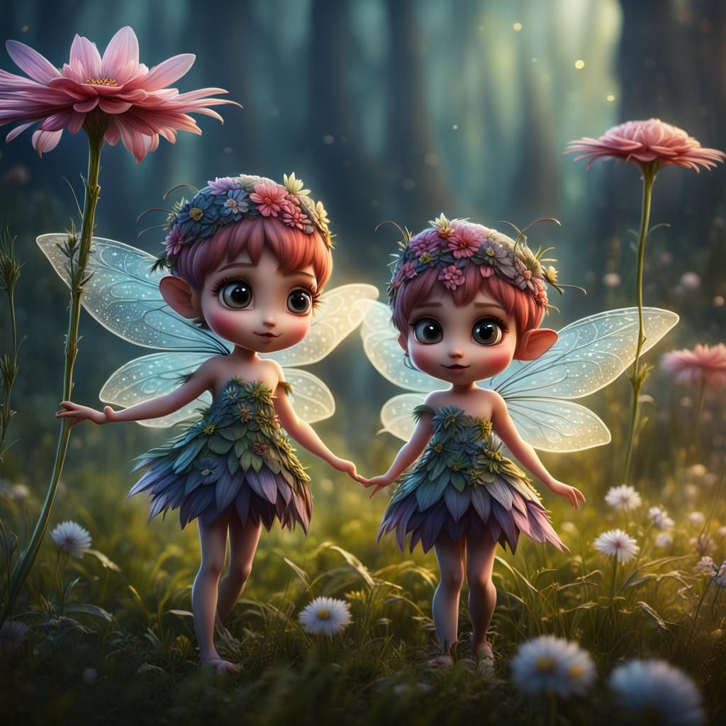 Little tiny fairies with large eyes and flowers for hats fly...