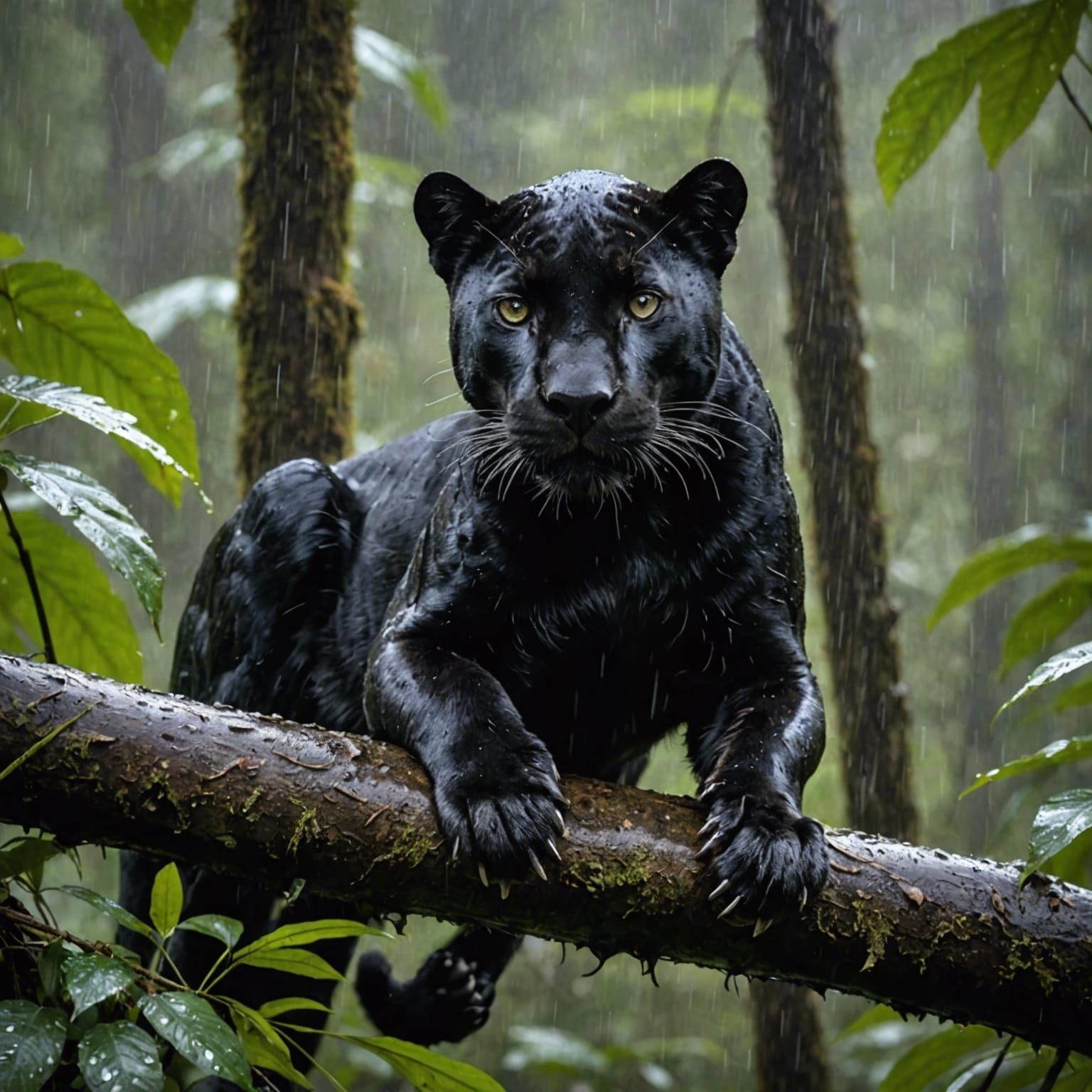 A sleek black panther crouches low on a thick branch, its po...