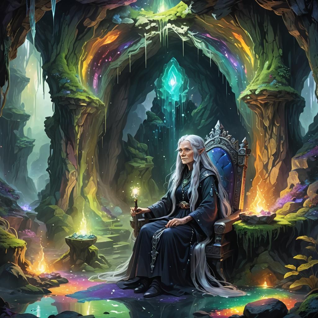 Anime Witch on Crystal Throne in Magical Cave