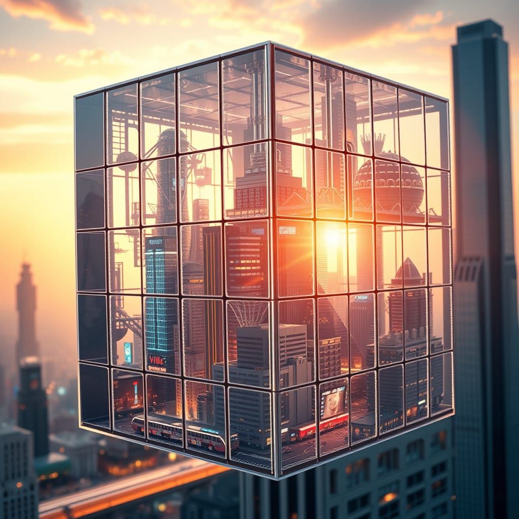 Futuristic Cityscape Inside a Glowing Rubik's Cube - AI Art