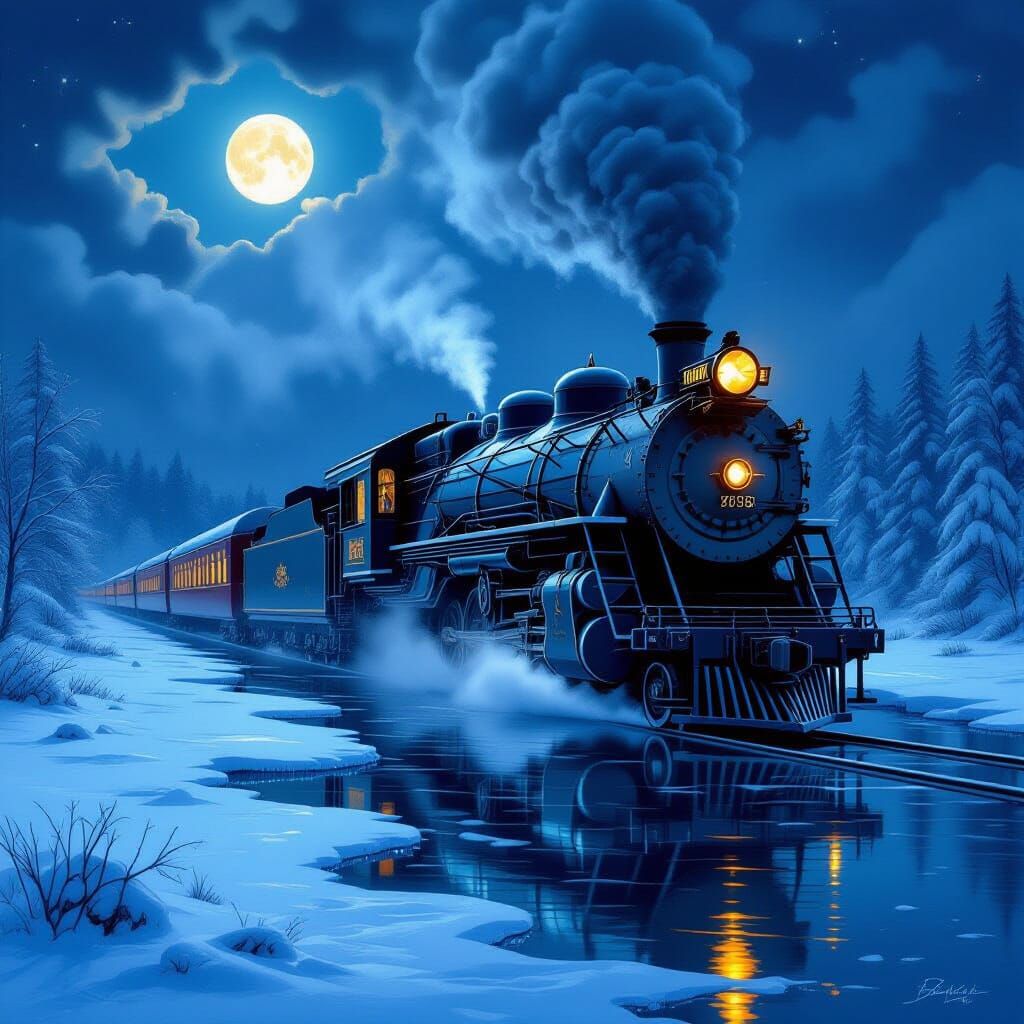 Digital painting. An ornate, old-fashioned passenger train, adorned with subtle fantasy motifs, glides silently across a frozen, moonlit lak...