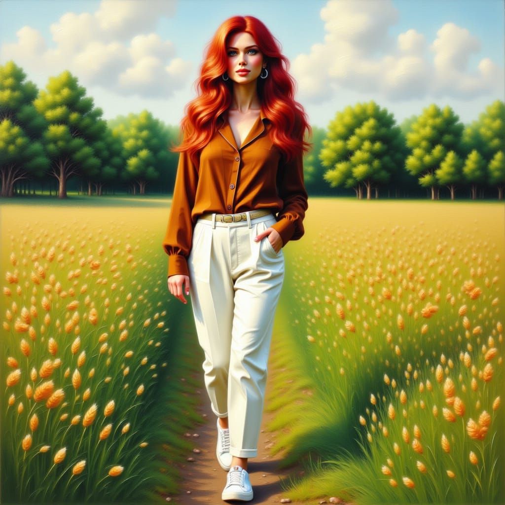 <lora:Beautiful Art Flux:1.0> A beautiful woman strolling through the lush green fields on a spring day. She has long ginger hair and is wea...