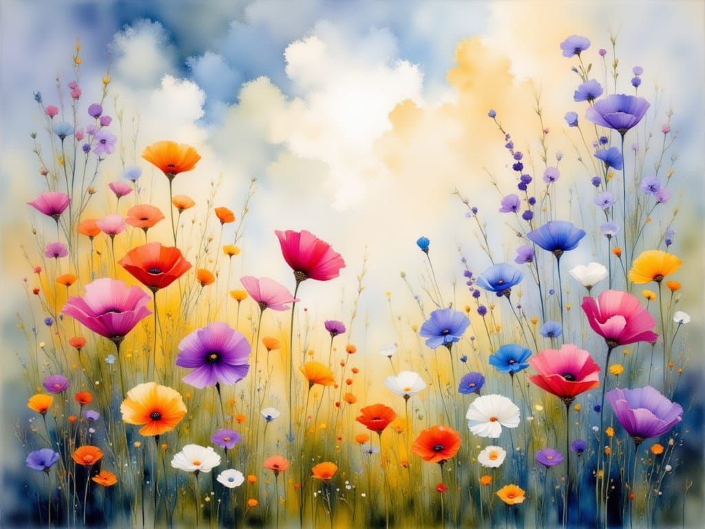 Vivid Wildflowers in Swirling Pastel Clouds