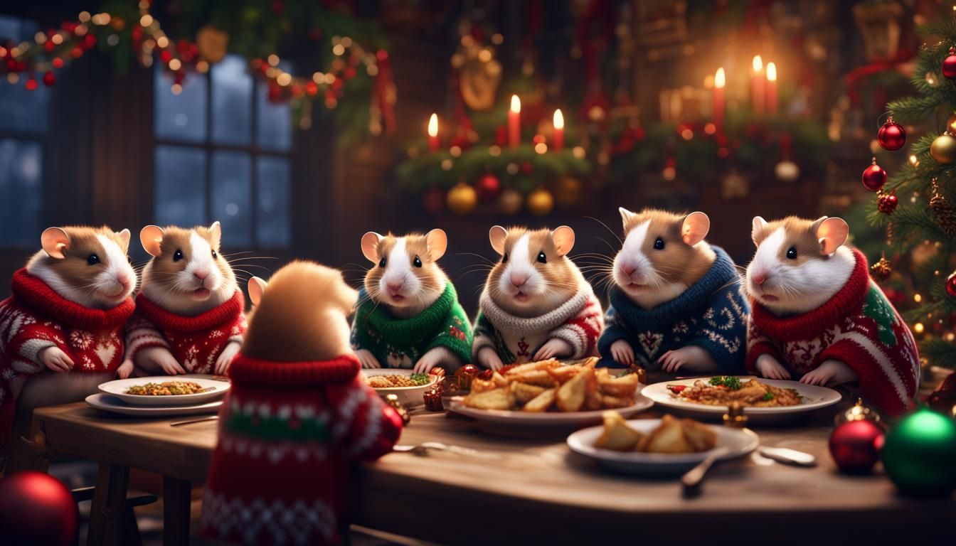 hamsters at a Christmas feast sitting arranged at the table wearing ugly sweaters  by @jennikins1982