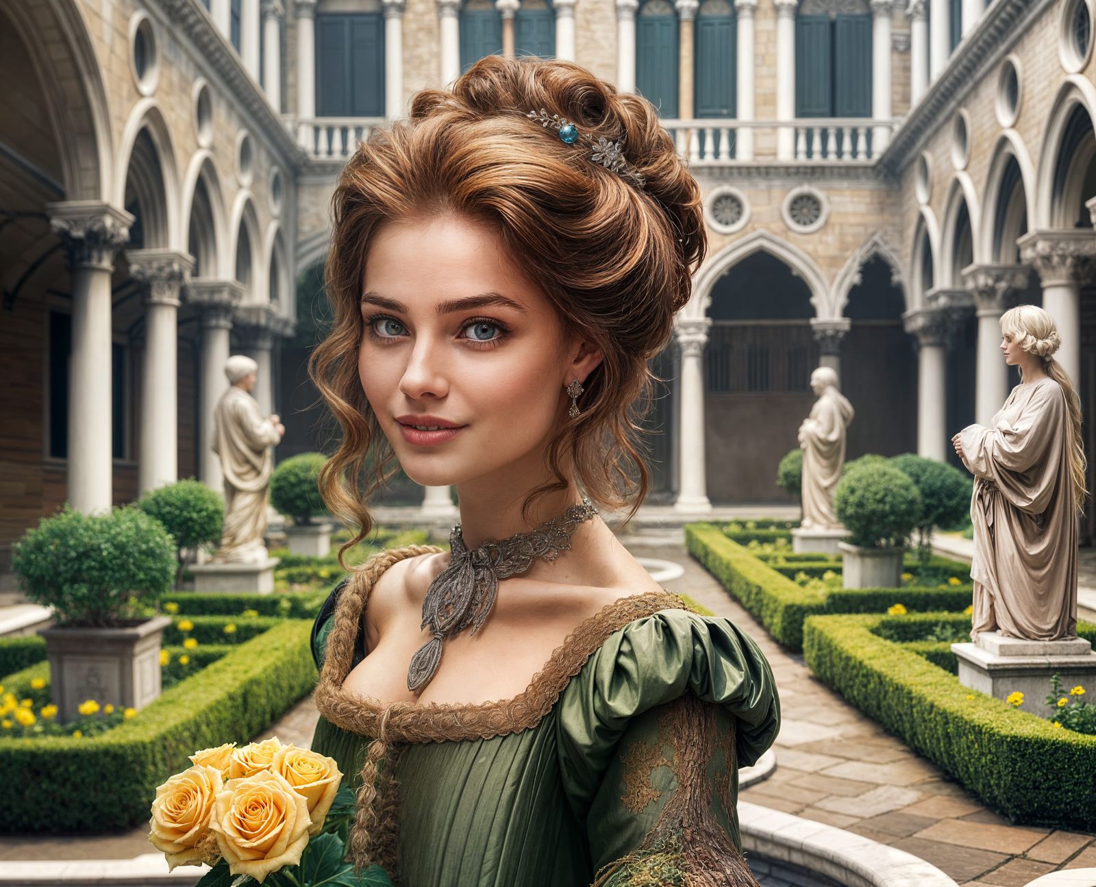 Прекрасная Венецианка в оливковом платье