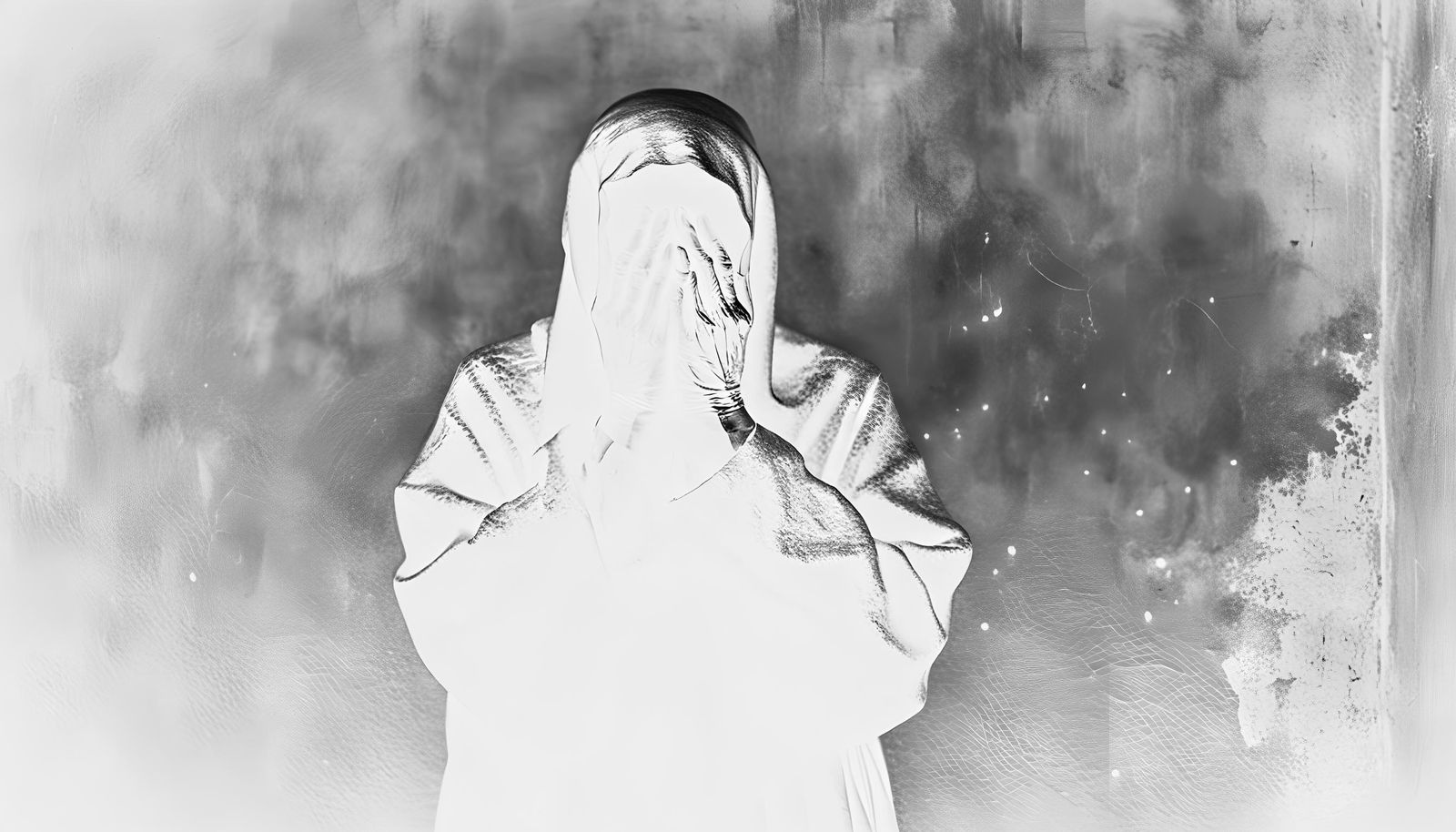 <lora:Macabre:1.0> Silhouette of an old ghost, fully covering her face with her hands, standing in front of a concrete w...