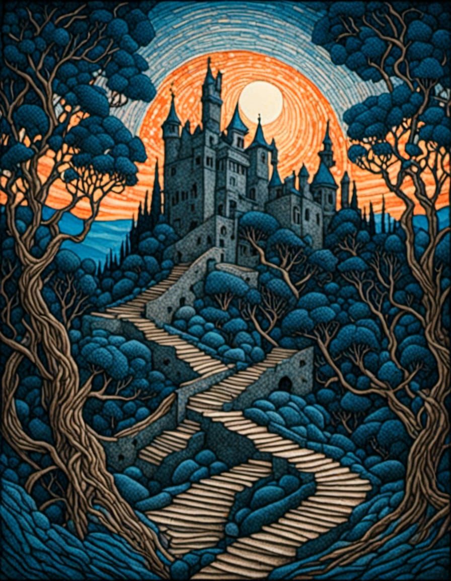 Forest landscape at sunset, starry celestial sky, cool blue tones, castle in the distance <lora:Escherscapes:1.0>