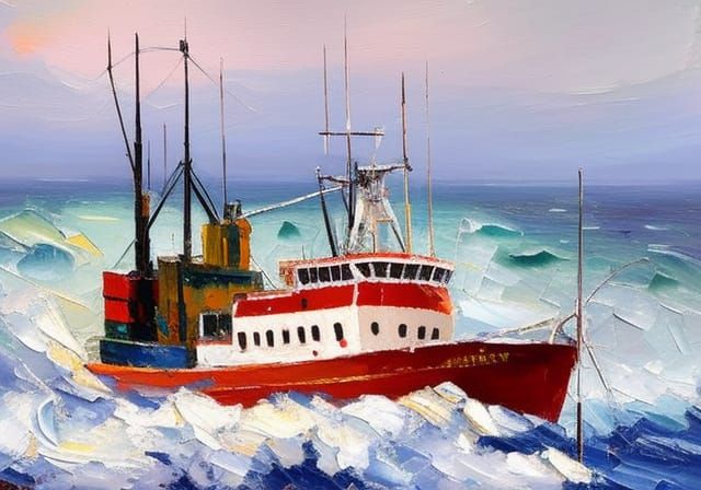 Trawler in Heavy Weather, palette-knife, neo-impressionism expressionist style oil painting, smooth post-impressionist impasto acrylic paint...