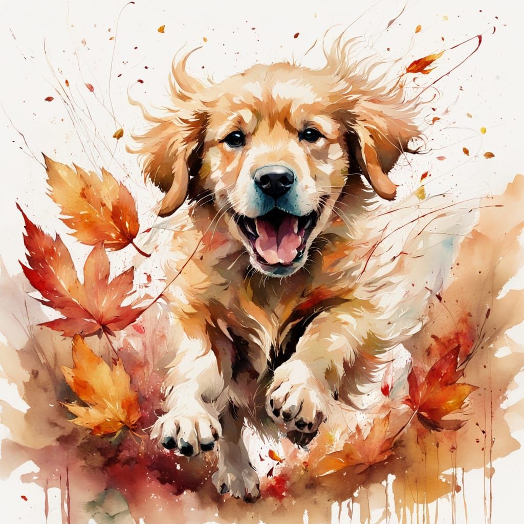 Golden Retriever puppy leaping through golden autumn leaves...  by @Gerber