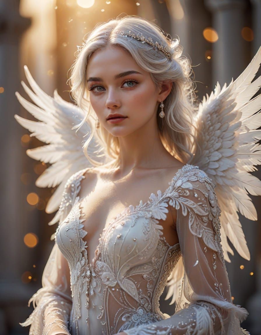 Hyper-Realistic Angel in Flowing Gown with Feather Wings