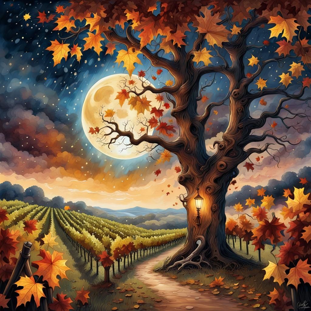 Oak Tree and Vineyard in the Fall