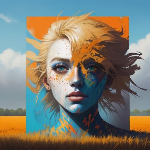 Cute Blond Girl in Wheat Field, Graffiti Art Style