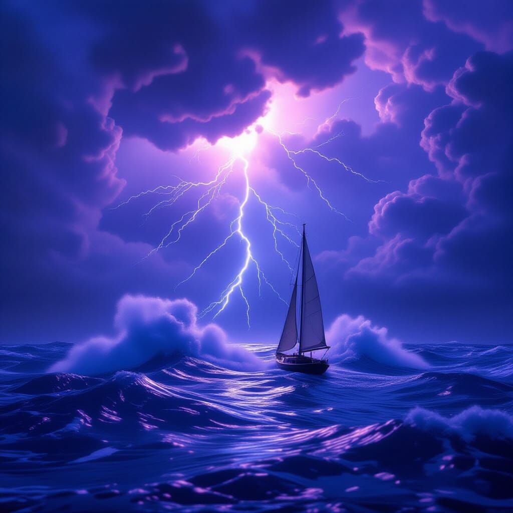 Turbulent Ocean Storm with Crashing Waves and Lightning