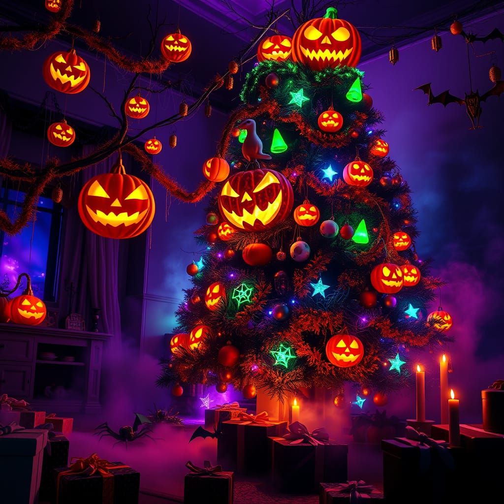 8K hyper-realistic, cinematic holiday scene. A large eerie Christmas tree decorated with glowing jack-o’-lanterns, the largest carved with a...