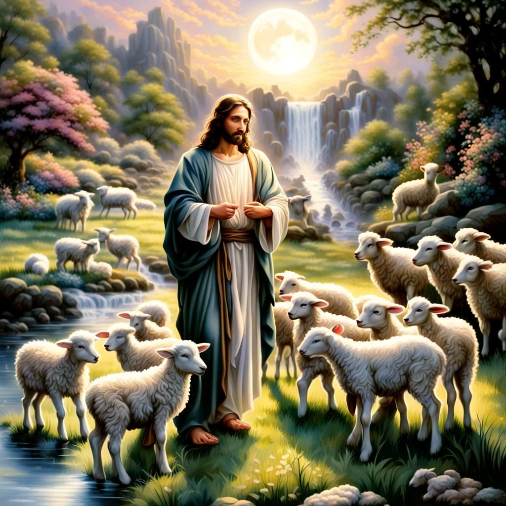 Beautiful illustration of Jesus as shepherd crouching in the middle of ...