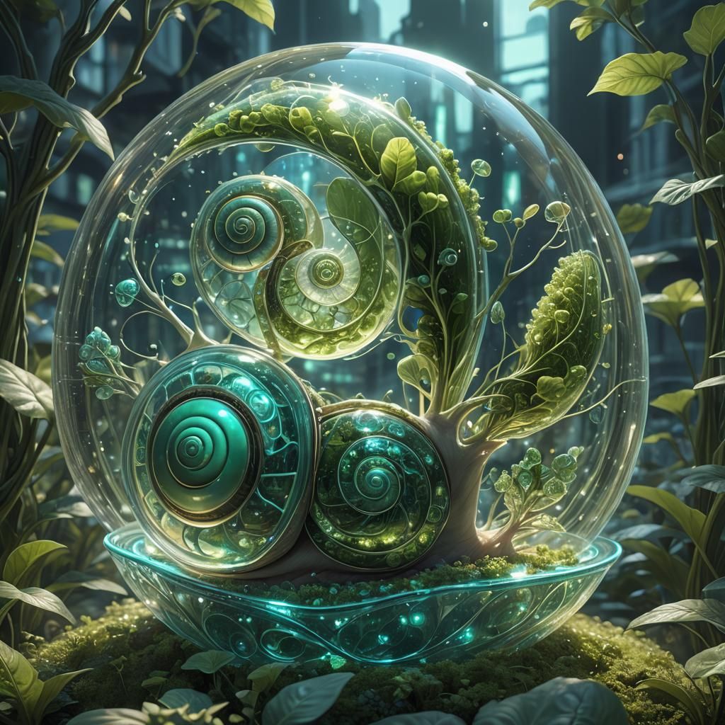Transparent glass snail-shell filled with bioluminescent fra...