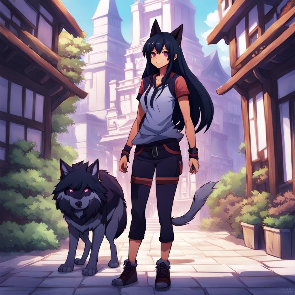 aphmau standing with werewolf ears and tail full body AI Generated
