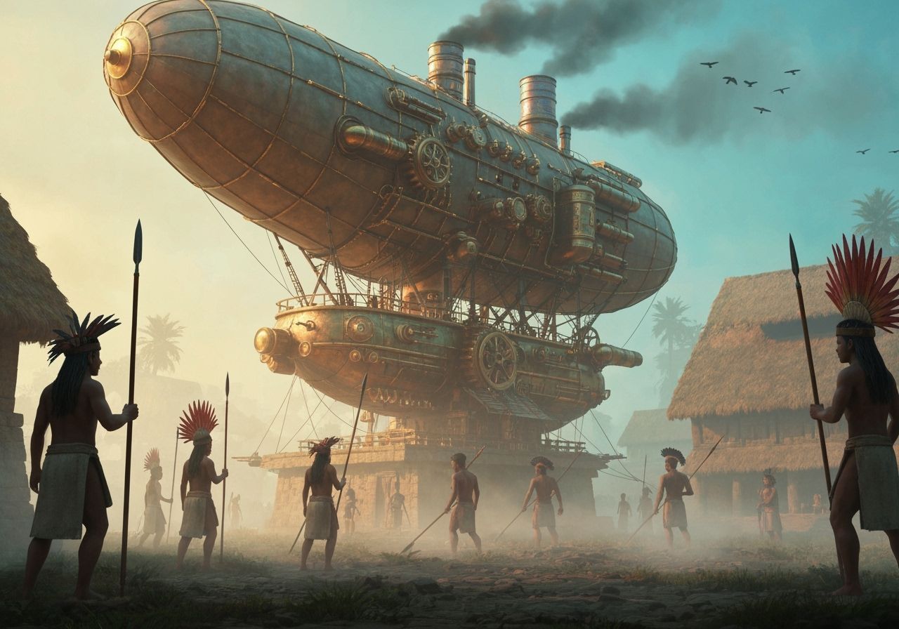 Steampunk airship docks in an ancient Mayan village   by @Kaydenpat