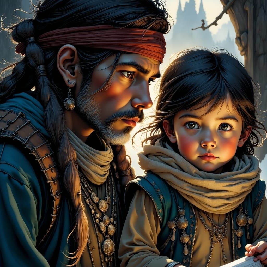 The ancient Native American teaches his toddler grandchildren how to spot animal tracks, head and shoulders portrait, 8k resolution concept...