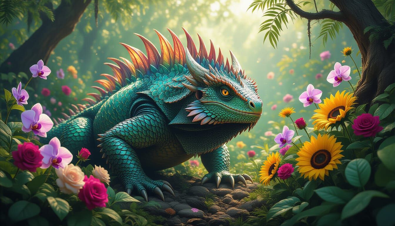 Imagine a seemingly ferocious, scaly forest lurker with razor-sharp claws, yet it leaves behind a trail of delicate, vibrant flowers whereve...