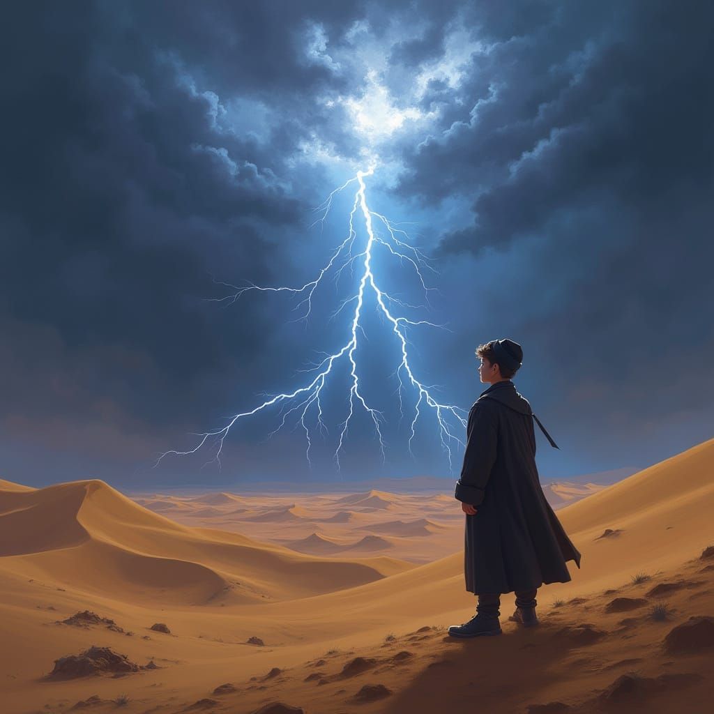 Young Hasidic Boy Marvels at Majestic Storm in the Desert