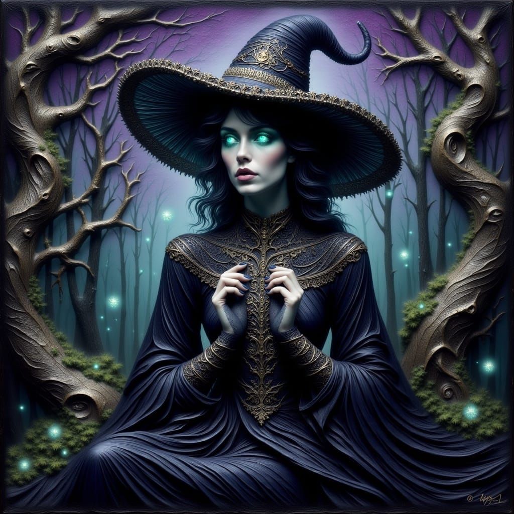 Moody<lora:EncausticTextures:1.0> wax painting of a beautiful dark witch, with hat, glowing teal eyes, purple&teal forest background, golden...
