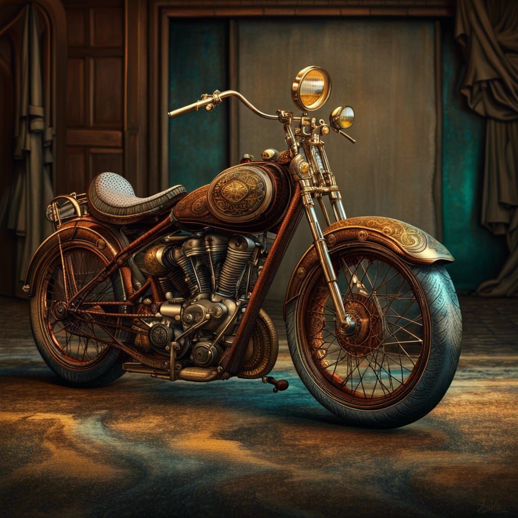 Antique Motorcycle in Jules Verne Style, Digital Art