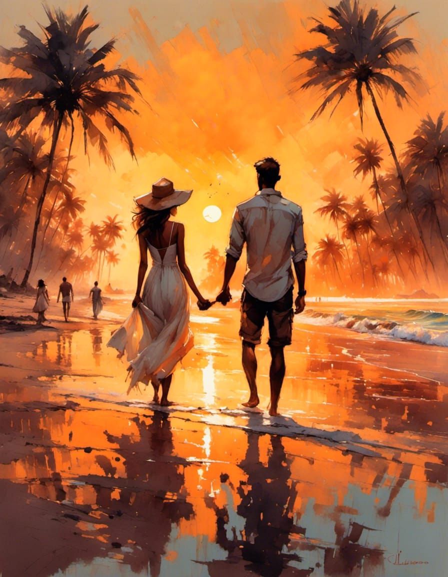 Golden sunset beach, Couple, palm trees, Warm glow, soft waves, Beautiful moment, <lora:Conception:1.0>