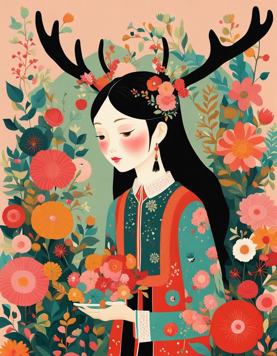 Girl Decorating Antlers with Flowers, Radiant Colors