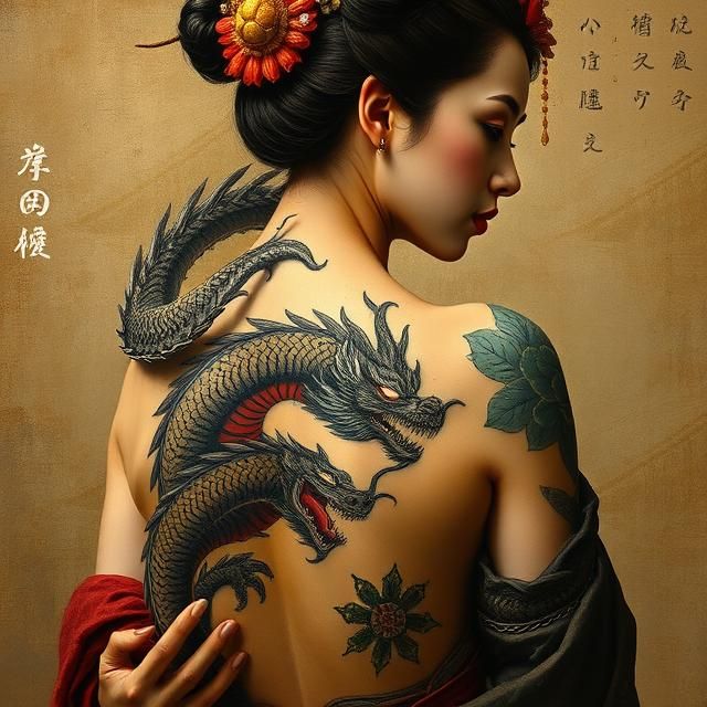 GEISHA TATTOOED WITH A DRAGON COVERING HER BACK.