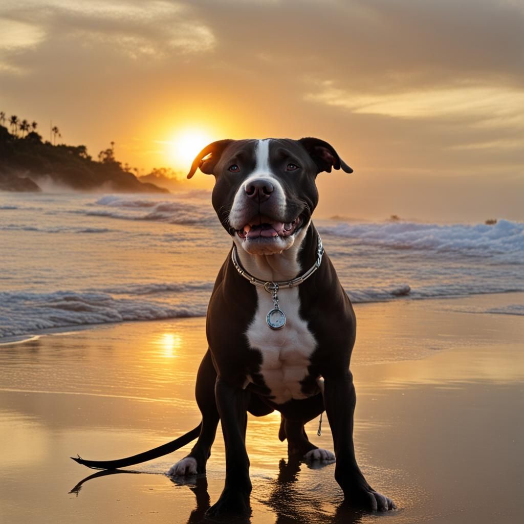 pitbull bebendo água ao pôr do sol