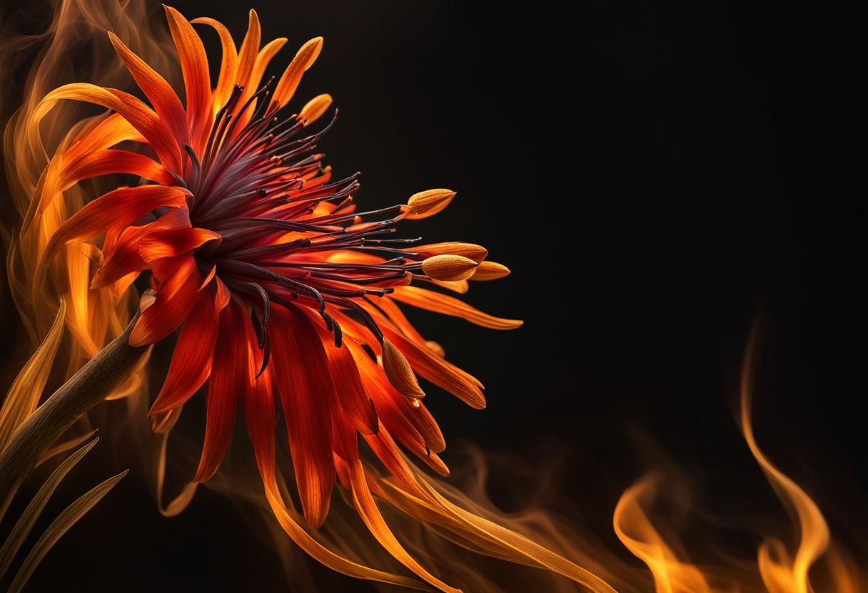 a metallic RedHot poker flower on fire, misty view, the back...