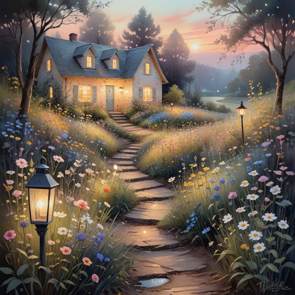 Creation Summary by Vincent 
Lantern Path Through Wildflower Labyrinth Dreamy Watercolor
This image shows a dreamy water...
